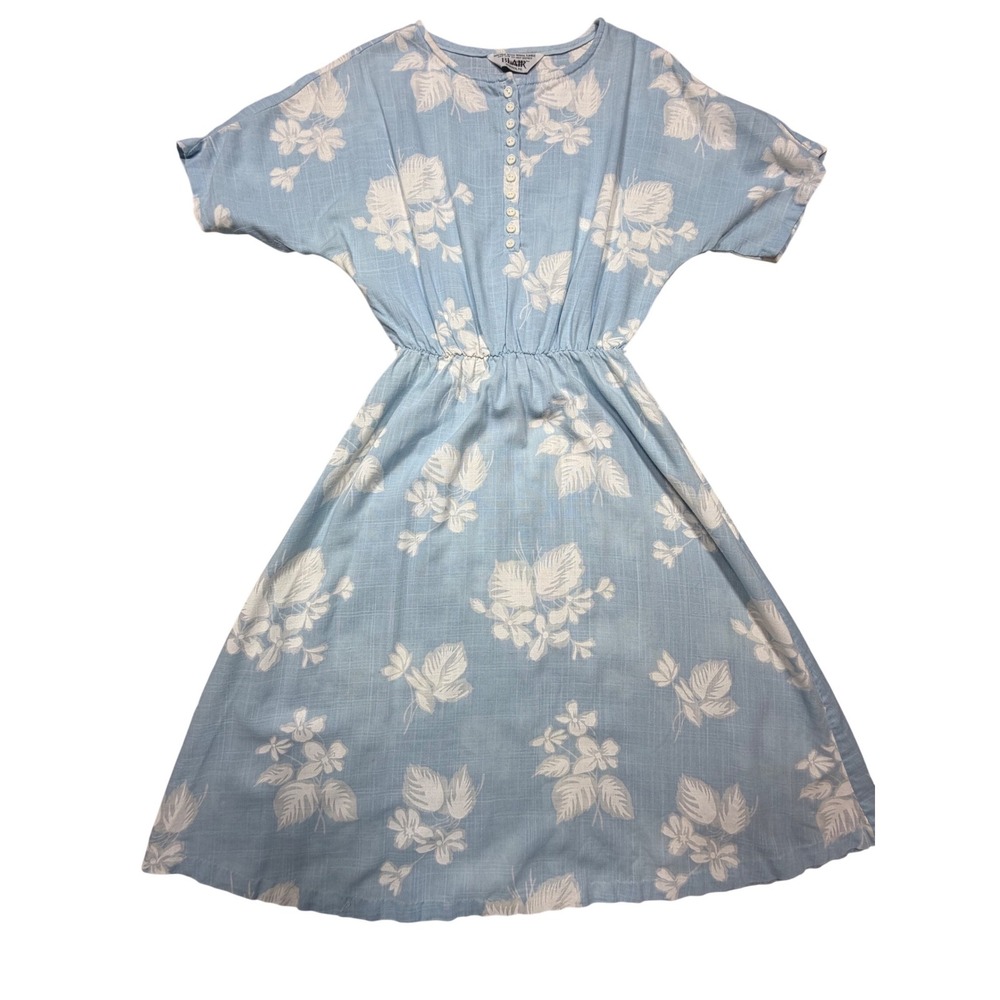 Vintage 80s Light Blue Floral Cotton Blend Midi Dress Cottagecore Prairie Small